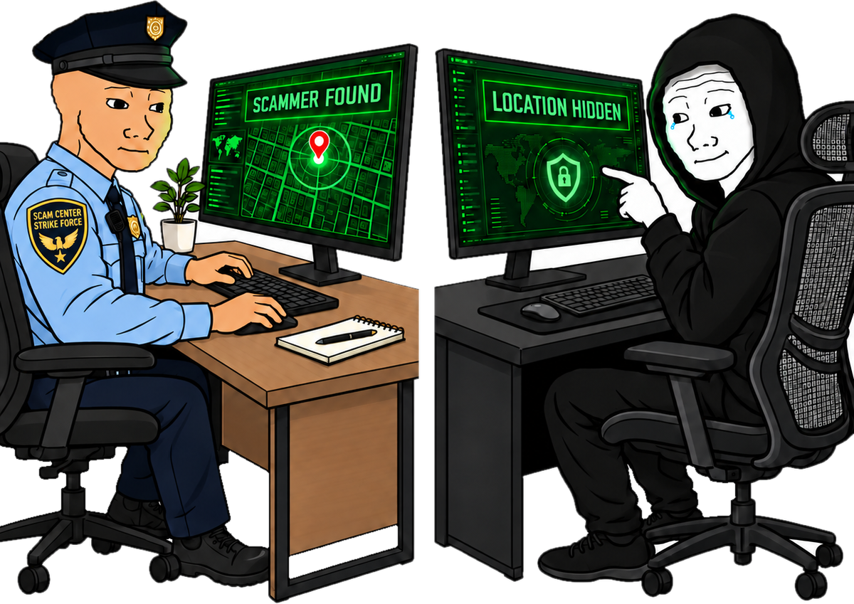 A police officer at a desk with a screen reading Scammer Found, facing a hooded scammer at his own desk with a screen reading Location Hidden